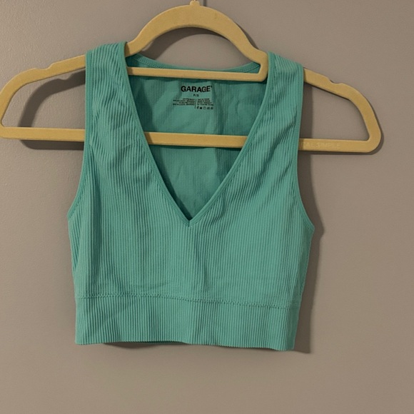 Garage Women's Aqua Ribbed V-Neck Crop Tank - Picture 1 of 3